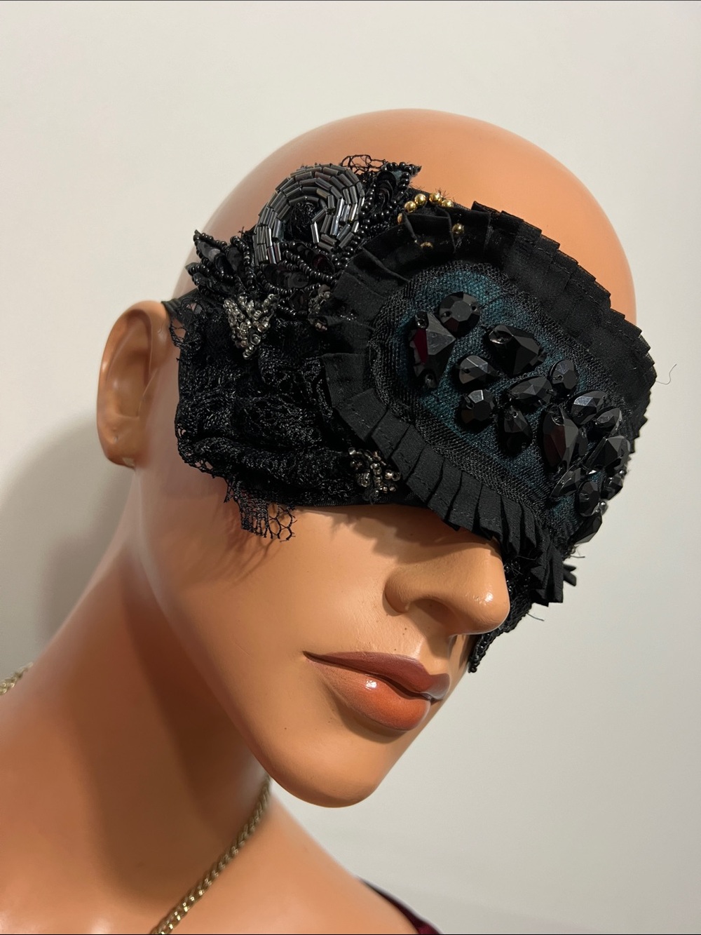 Black Beaded Lace Eye Mask - Elegant Sleep & Costume Accessory